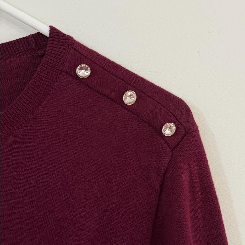 NWT J. Crew 100% Cotton Round Neck Sweater Maroon Button Shoulder Ruffled Preppy - Picture 4 of 12